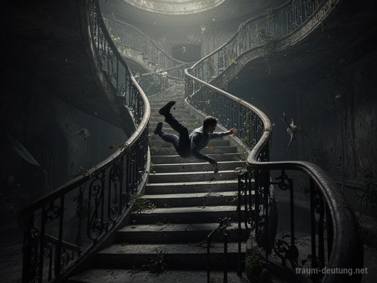 Eine Person fällt eine Treppe hinunter in einem dunklen Raum