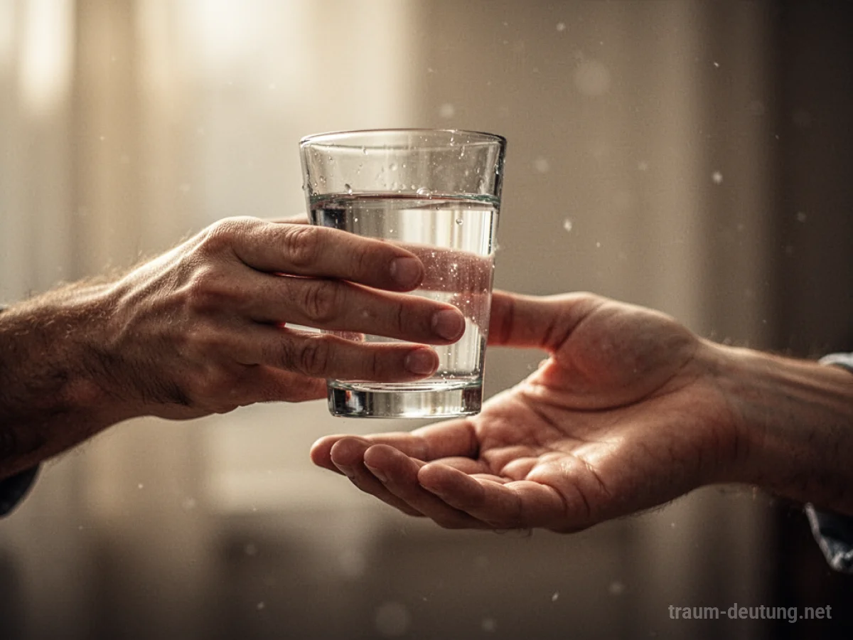 Eine Hand reicht ein Glas mit Flüssigkeit über einen Tisch zu einer anderen Hand.