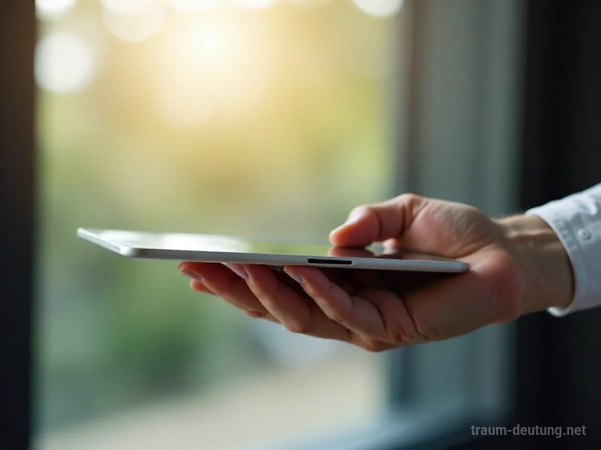 Eine Hand reicht ein Tablet an eine andere Hand weiter.