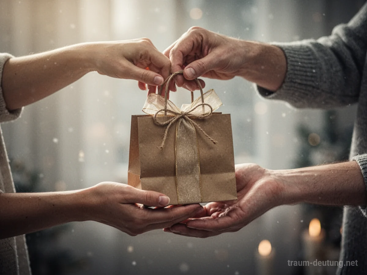 Eine Hand reicht eine Geschenkverpackung in die Hand einer anderen Person.
