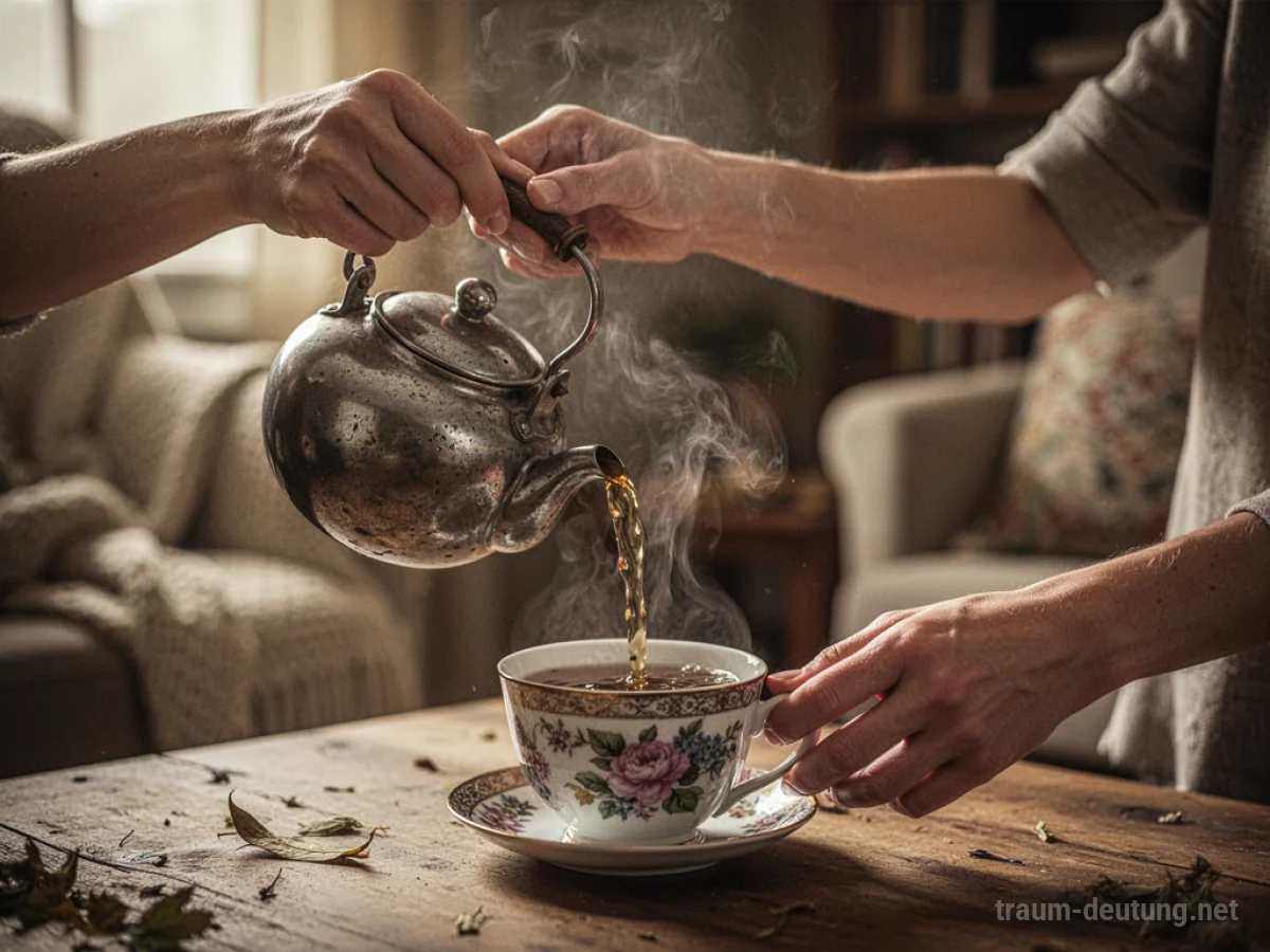 Hände schenken Tee aus einer Kanne in eine Tasse ein