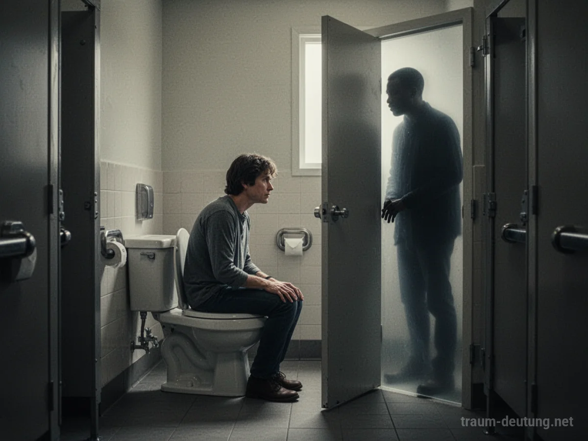 Eine Person sitzt auf einer Toilette, während eine Silhouette einer anderen Person durch eine leicht geöffnete Tür schaut.