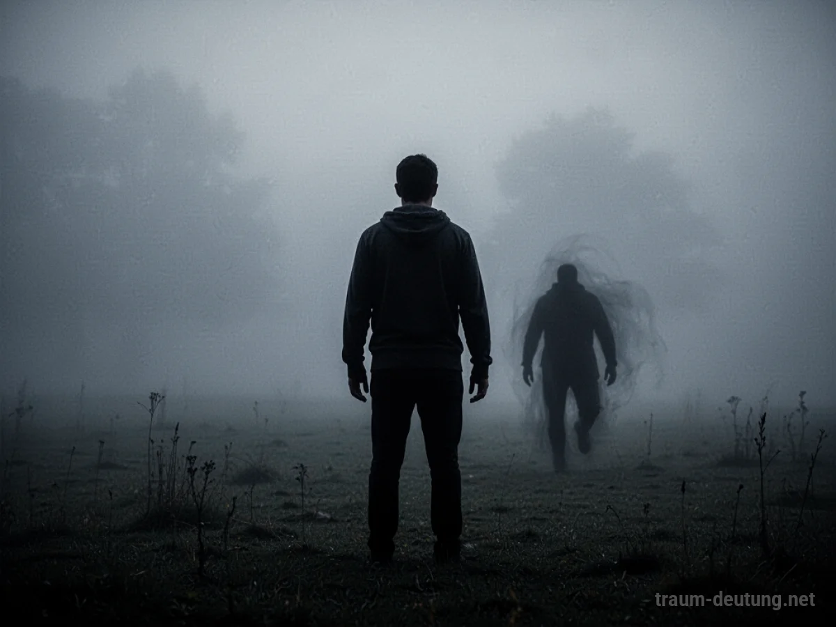 Schattenhafte Figur nähert sich einer Silhouette im Nebel