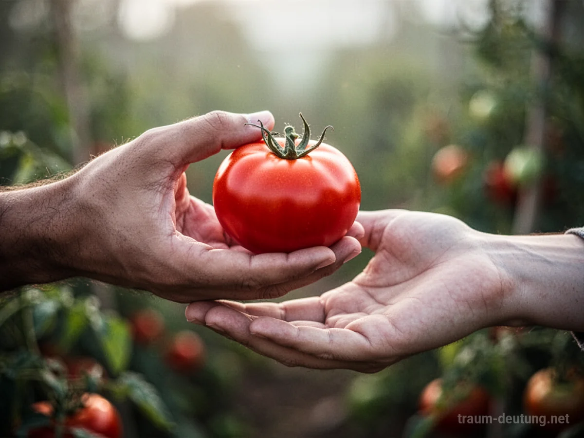 Eine Hand reicht eine reife Tomate an eine andere Hand.