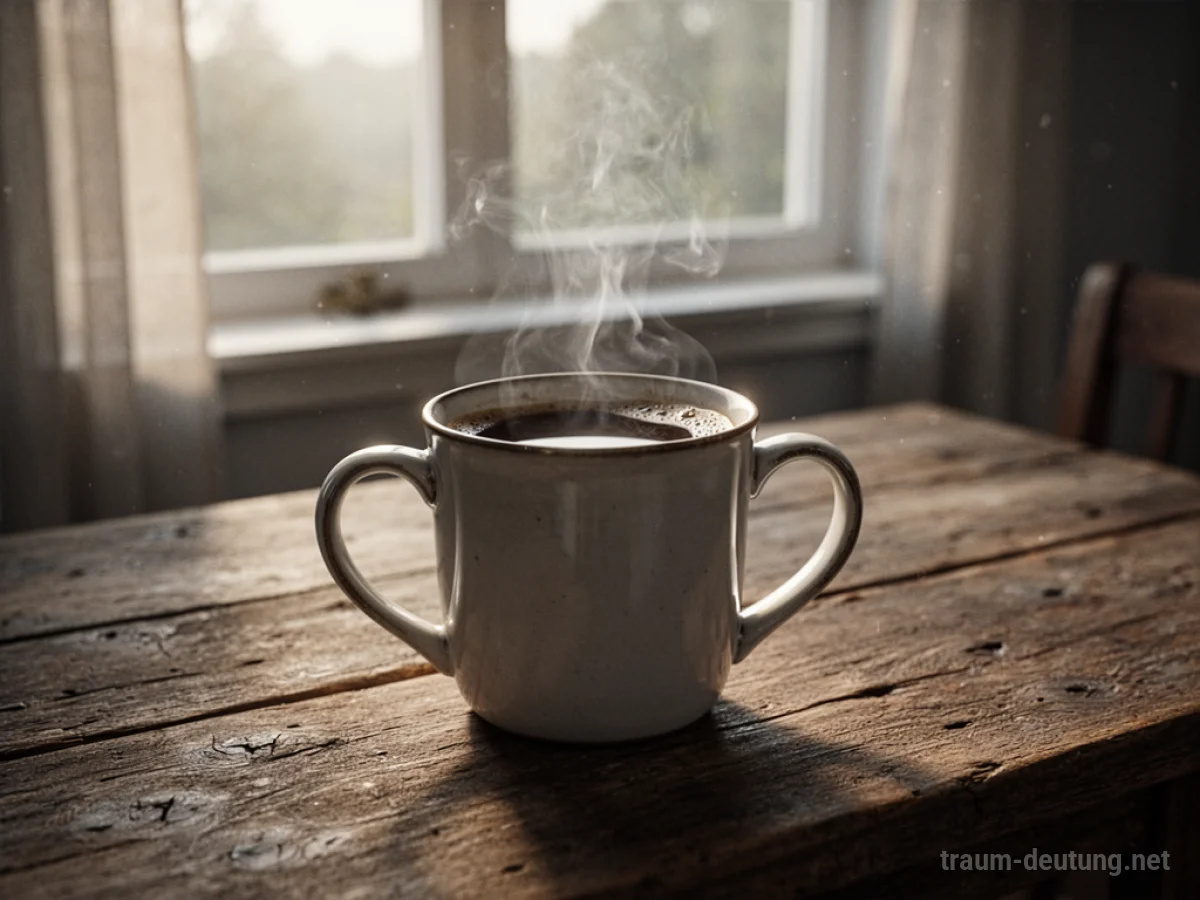 Eine dampfende Tasse Kaffee auf einem Holztisch im Morgenlicht.