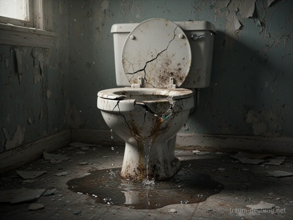 Kaputte Toilette mit Wasserfleck auf dem Boden in einem dunklen Raum
