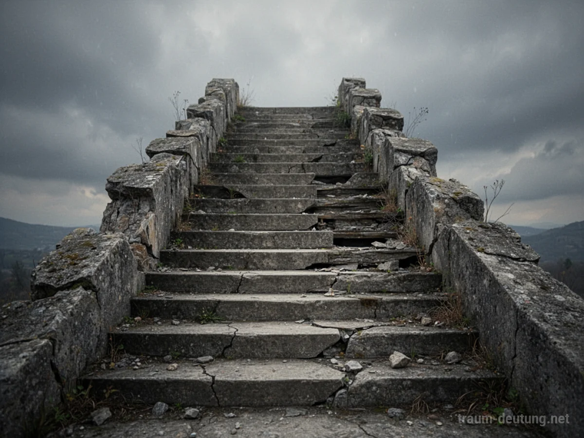 Eine brüchige Treppe mit fehlenden Stufen führt nach oben unter einem bewölkten Himmel.