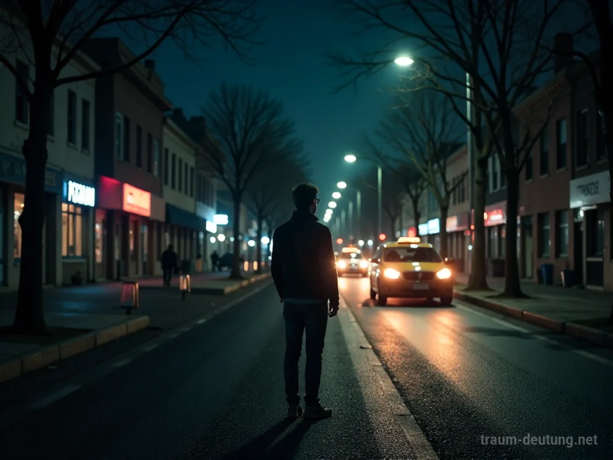 Eine Person sucht vergeblich nach einem Taxi auf einer dunklen Straße bei Nacht.