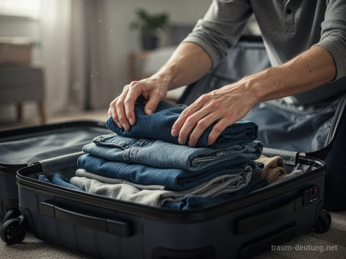 Hände packen Kleidung in einen offenen Koffer.