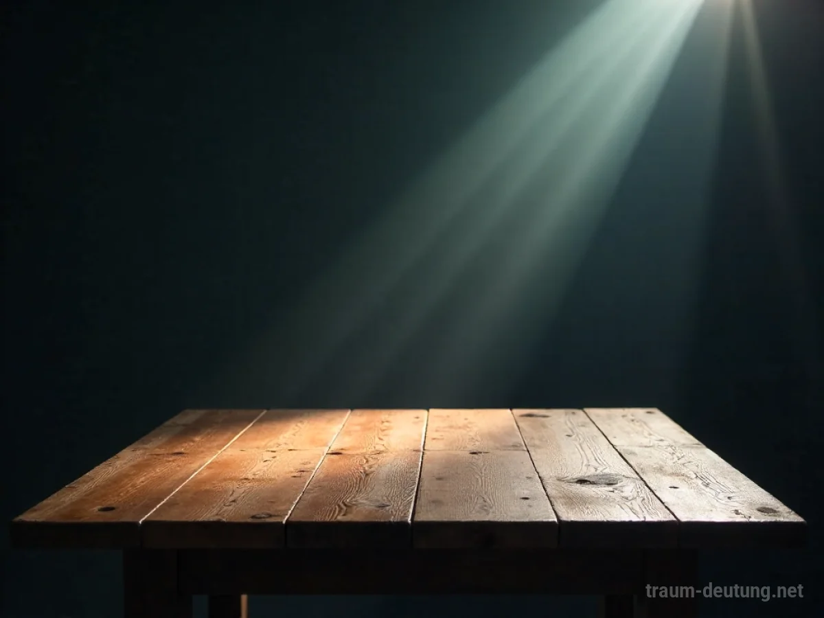 Ein leerer Holztisch in einem spärlich beleuchteten Raum, auf den Sonnenlicht fällt.