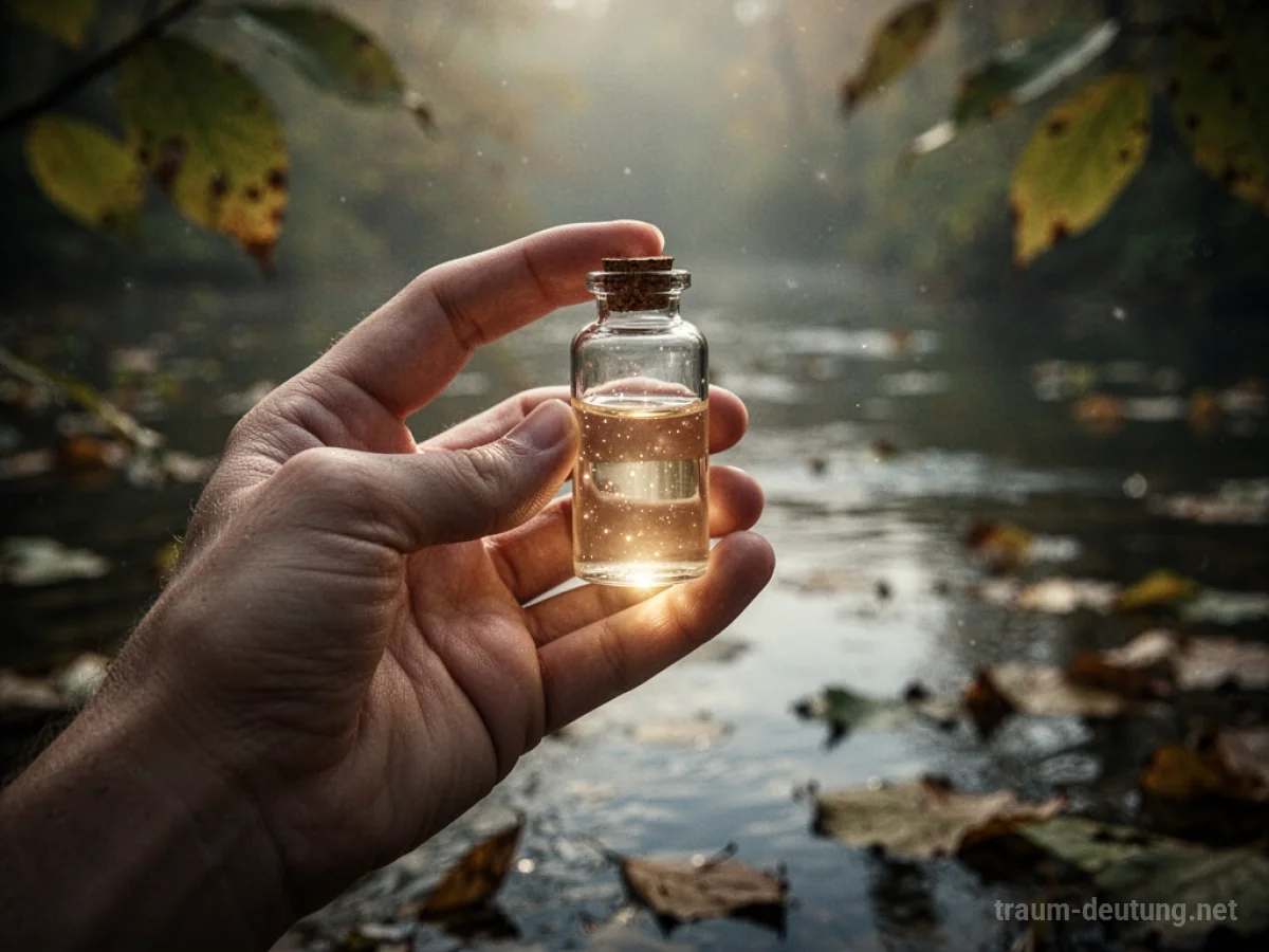 Hand hält ein Glas mit leuchtender Flüssigkeit, das an Medizin erinnert.
