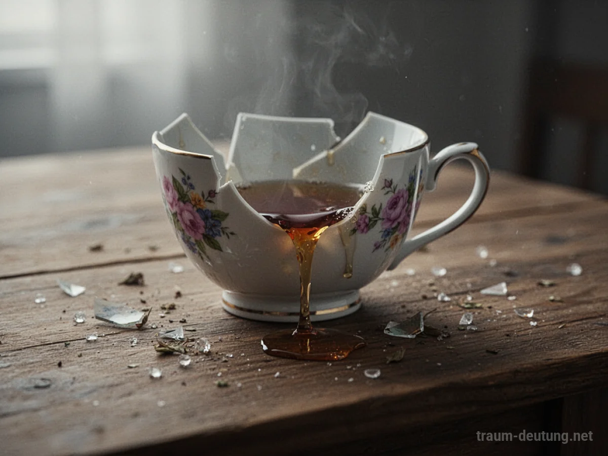 Zerbrochene Teetasse mit auslaufendem Tee auf einem Holztisch