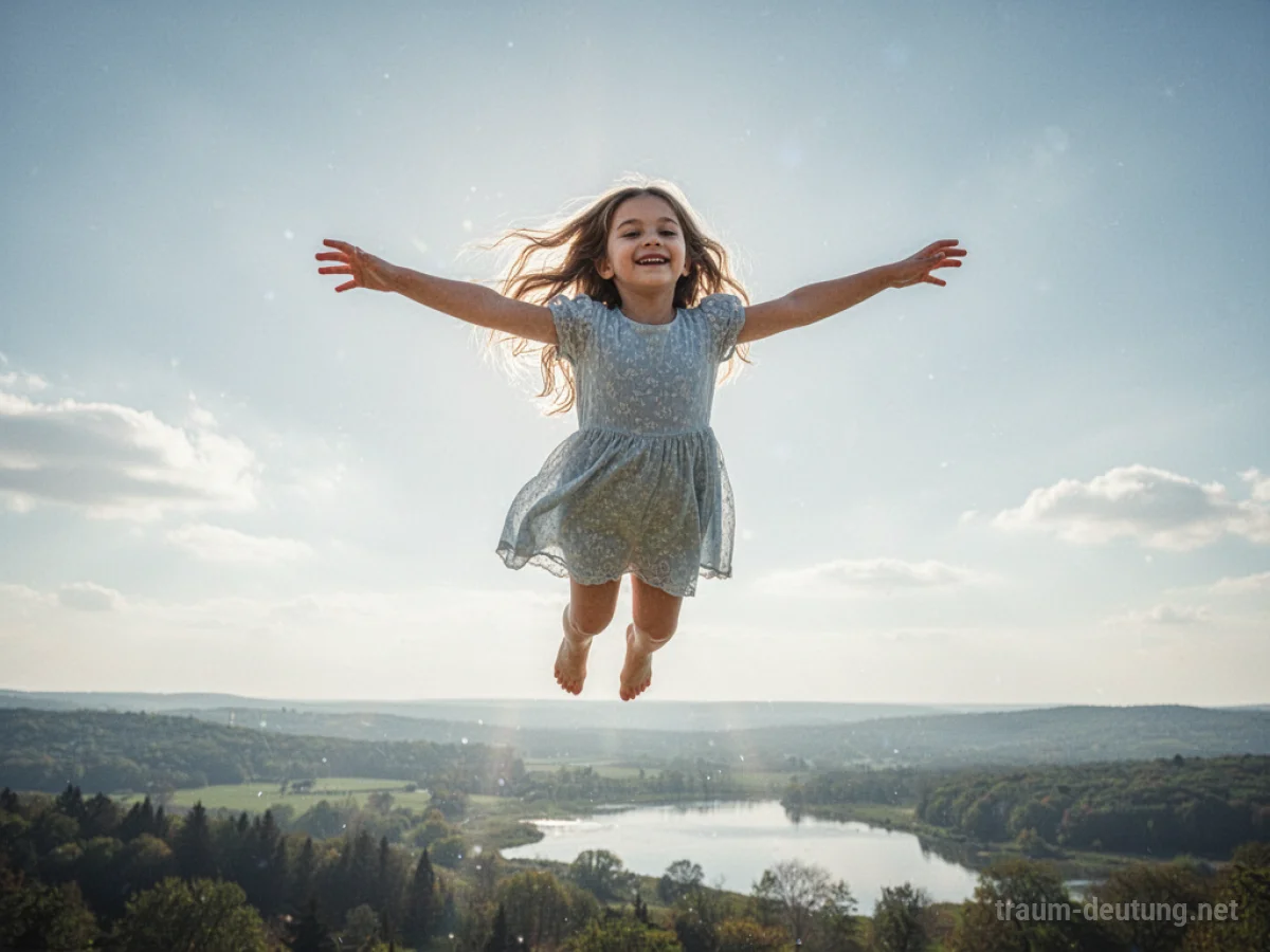 Ein Mädchen fliegt mit ausgebreiteten Armen durch einen hellen Himmel.