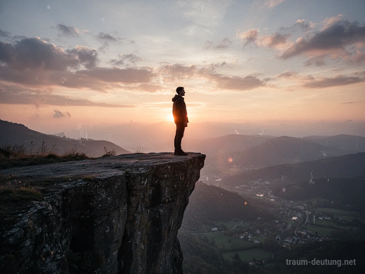Silhouette einer Person, die bei Sonnenaufgang am Rand einer Klippe steht.