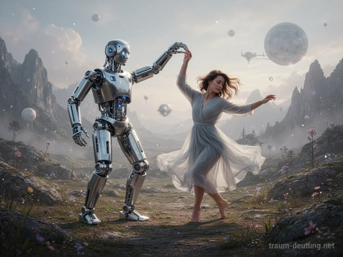 Eine Person tanzt mit einem glänzenden Roboter in einer surrealen Traumlandschaft.