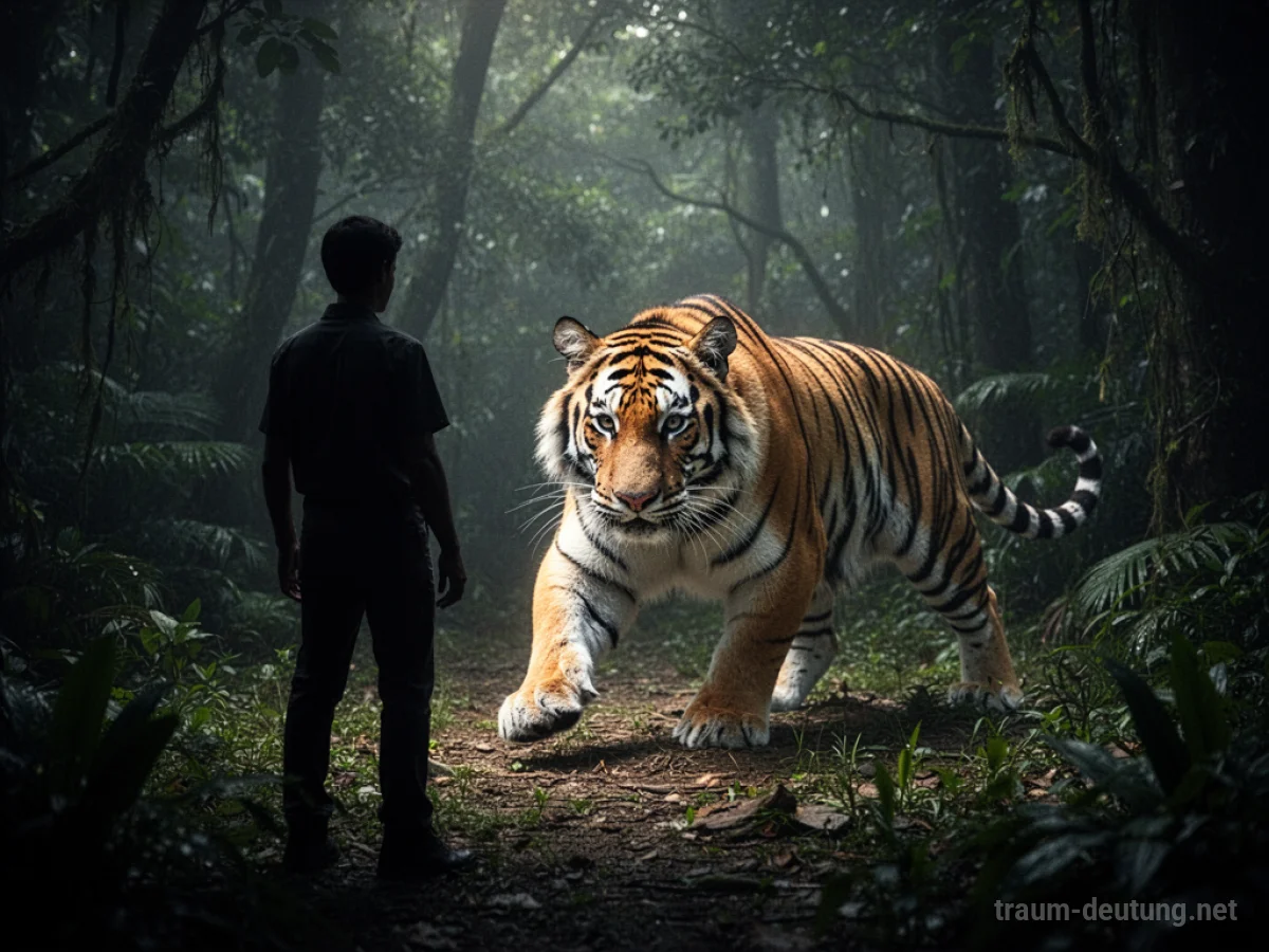 Silhouettenhafte Darstellung einer Person, die einem Tiger im Dschungel gegenübersteht.