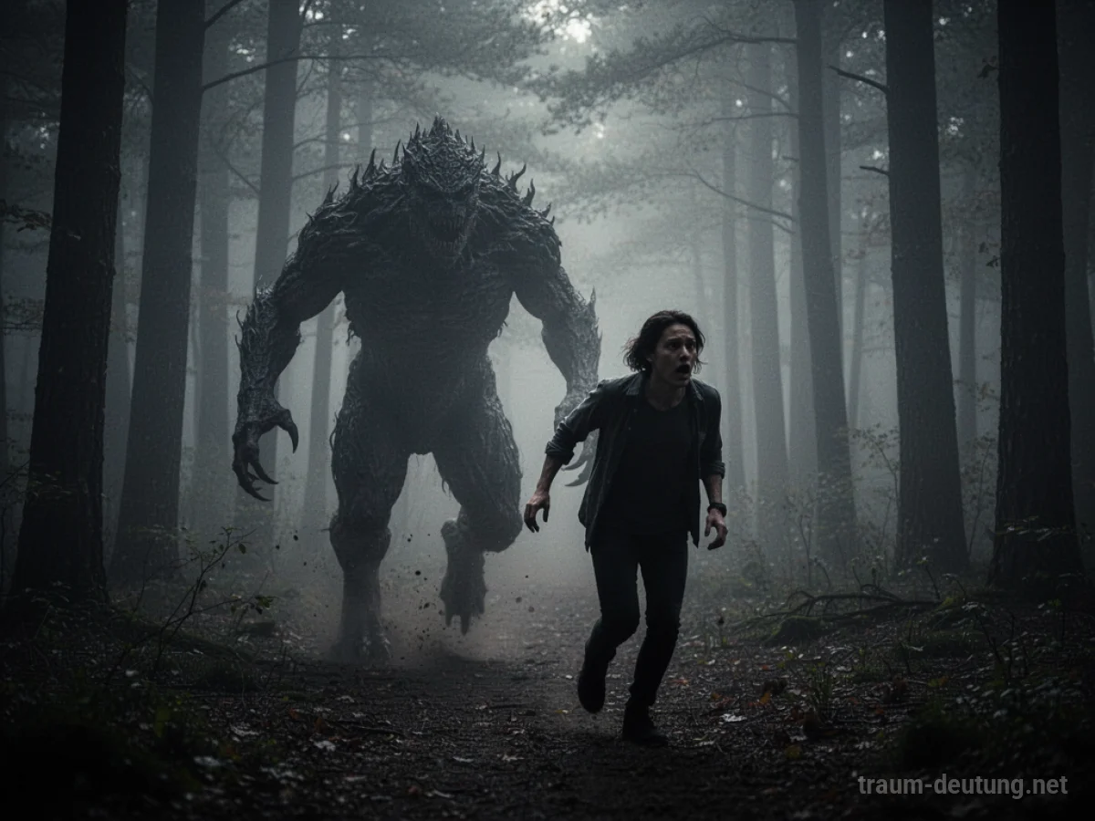 Schattenhafte Monsterfigur verfolgt eine Person durch einen dunklen Wald