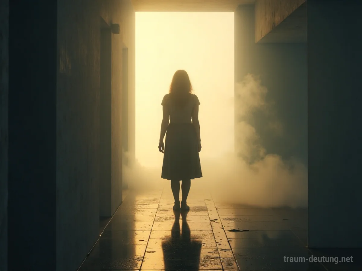 Silhouette einer Person blickt auf eine sich auflösende Mutterfigur im Morgengrauen.