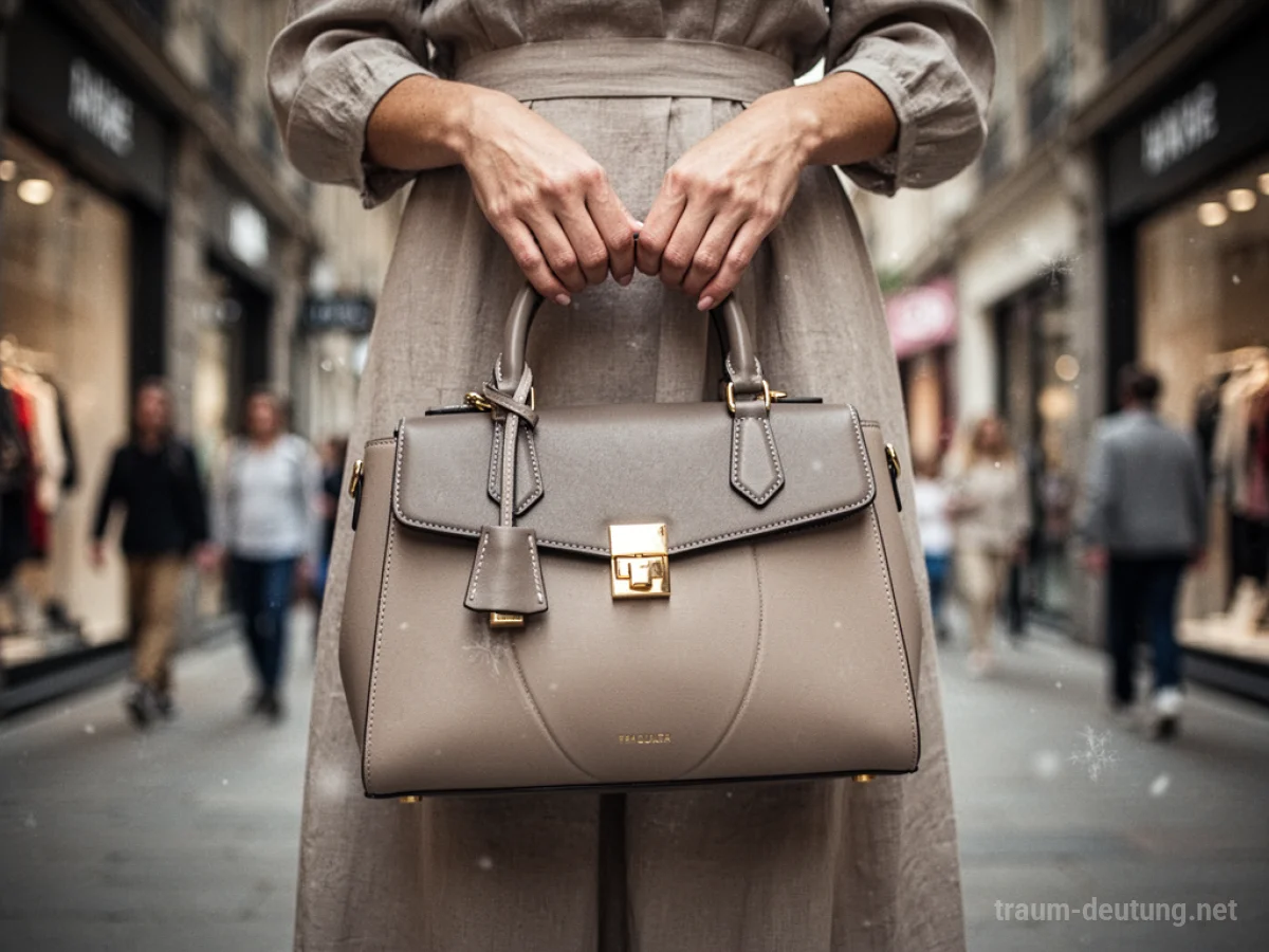 Eine Frau hält eine neue Handtasche in den Händen.