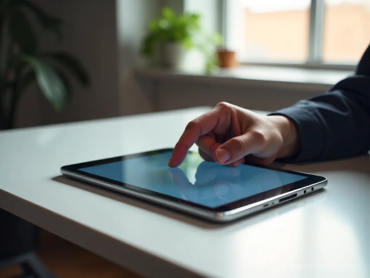 Eine Hand greift nach einem neuen Tablet auf einem Schreibtisch.