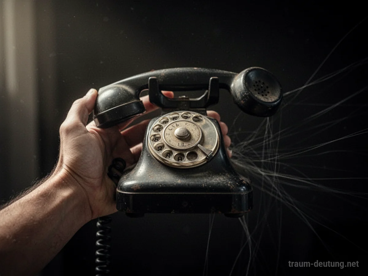 Hand hält ein altes Telefon, der Hörer steckt fest am Haken.