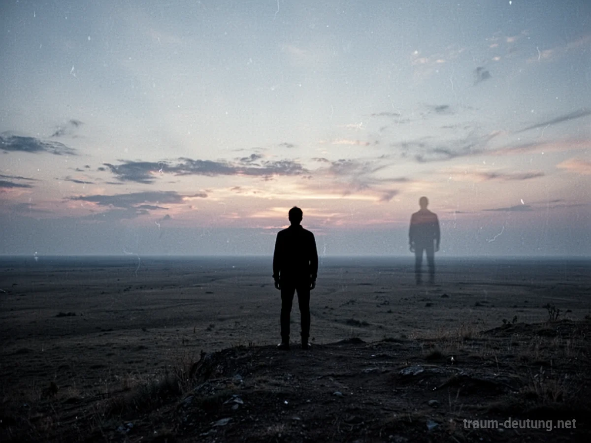 Eine einsame Silhouette steht am Rand einer weiten Landschaft, während eine andere Figur in der Ferne verblasst.