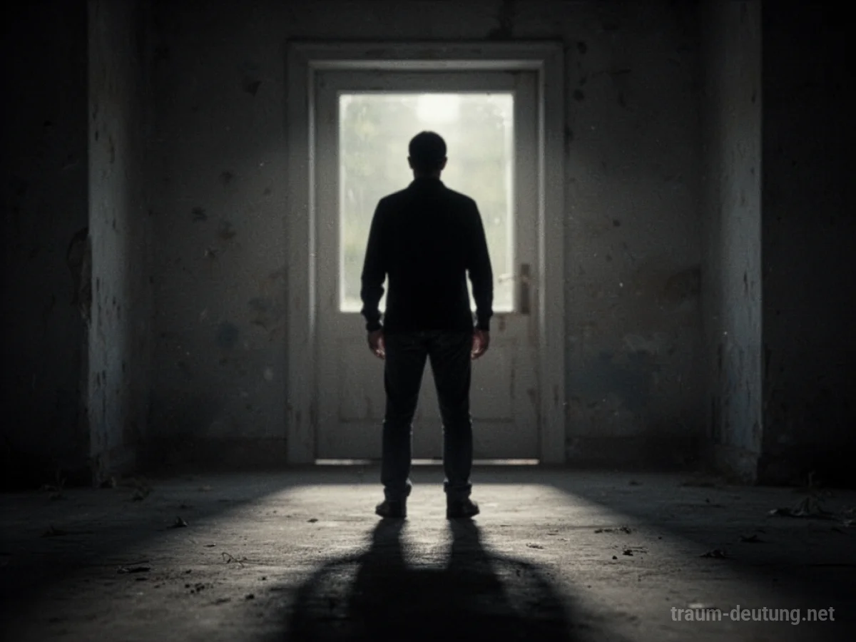 Silhouette einer Person vor einer Tür, die eine lange Schatten wirft.