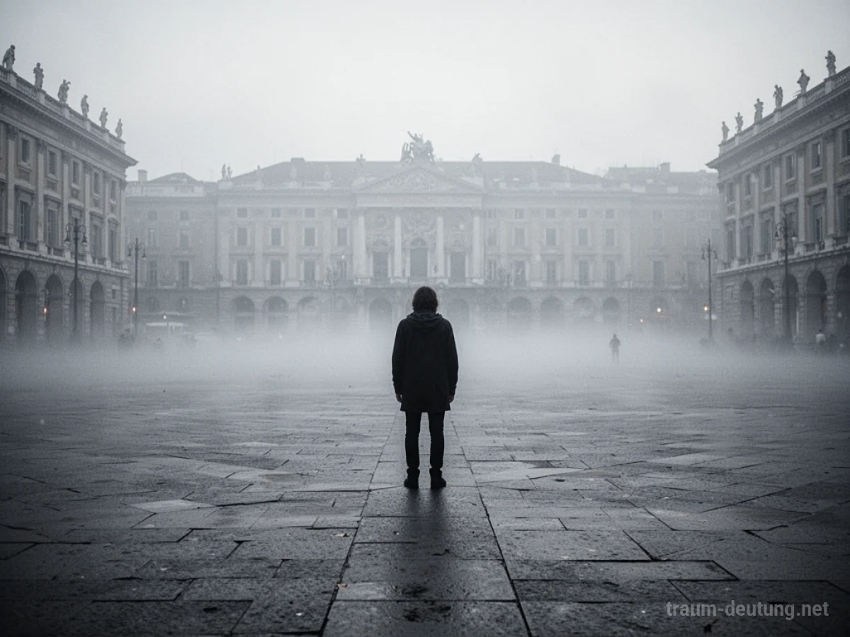 Person steht verunsichert inmitten einer leeren öffentlichen Fläche, teilweise im Nebel verborgen.