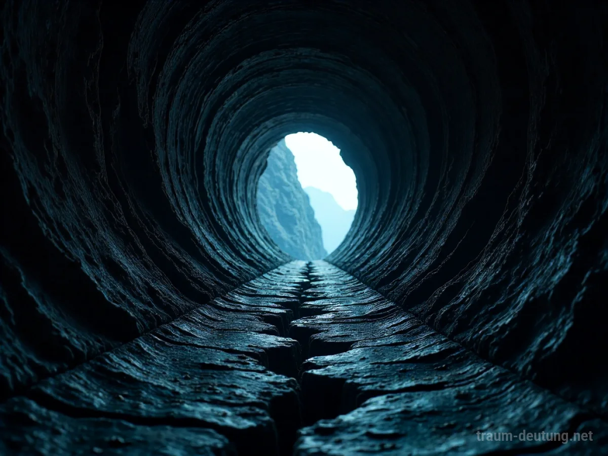 Ein dunkler Tunnel endet abrupt vor einem tiefen Abgrund, der Boden ist instabil.