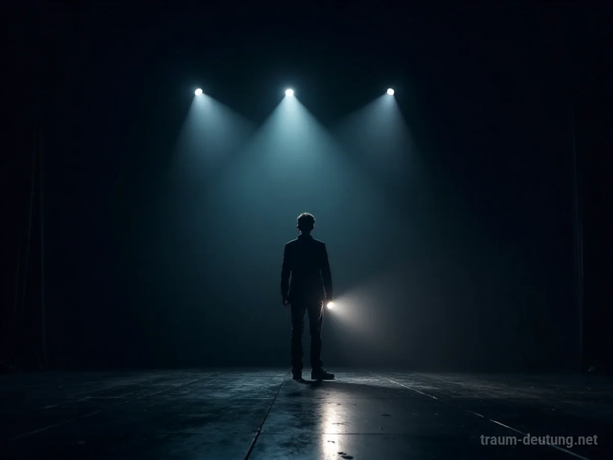 Eine einzelne Figur steht im Scheinwerferlicht auf einer Theaterbühne.