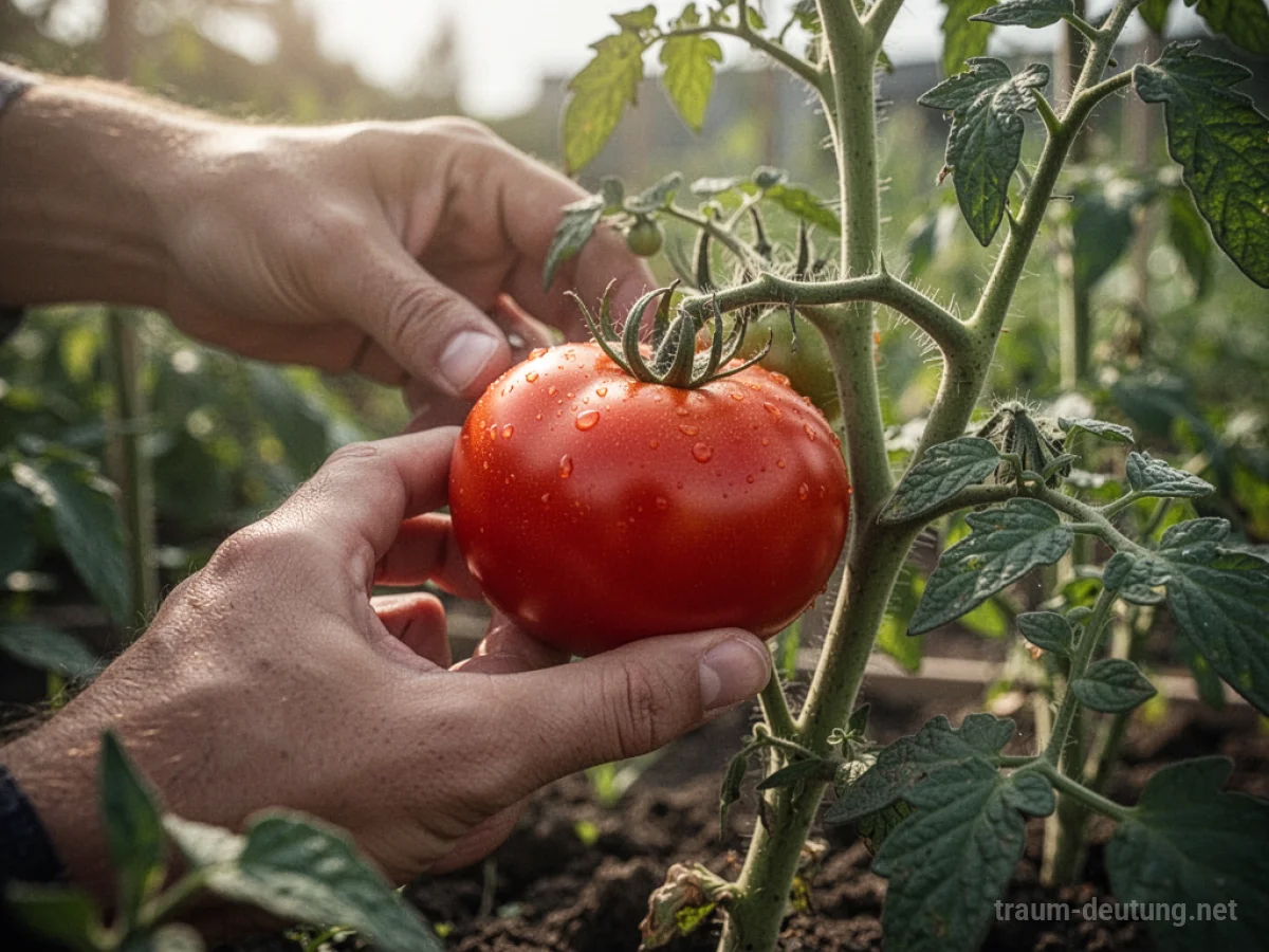 Reife rote Tomate in einer Hand, die von einer Pflanze gepflückt wird.