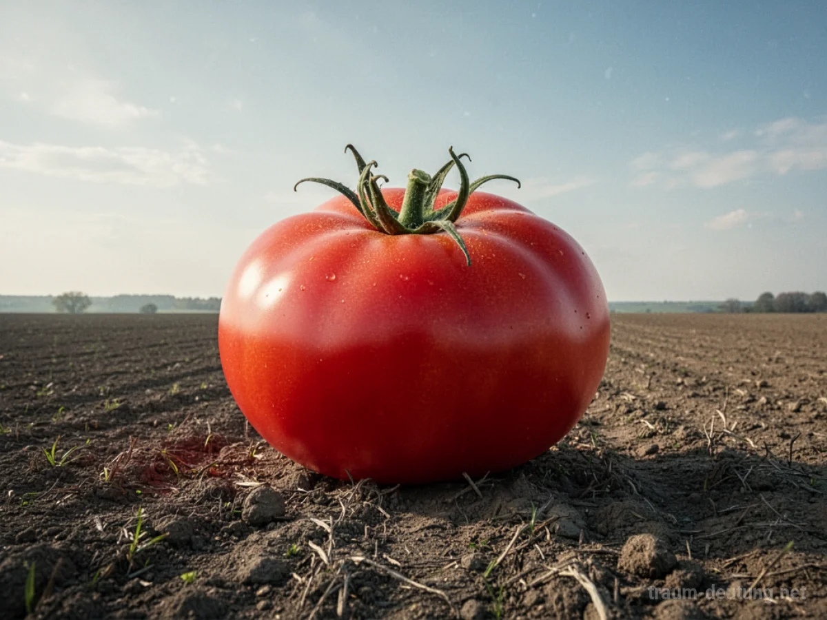 Eine riesige rote Tomate steht auf einem Feld.