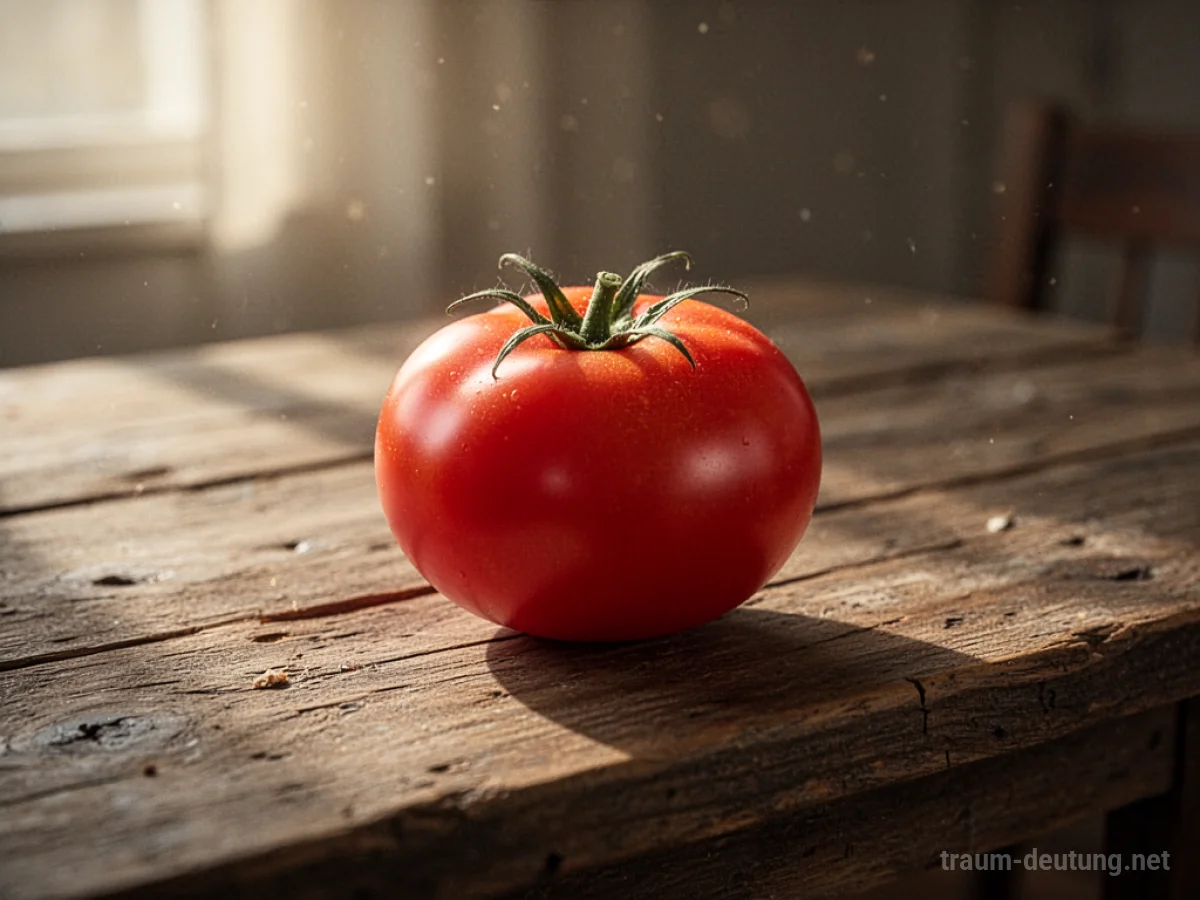 Eine reife rote Tomate auf einem Holztisch im Sonnenlicht