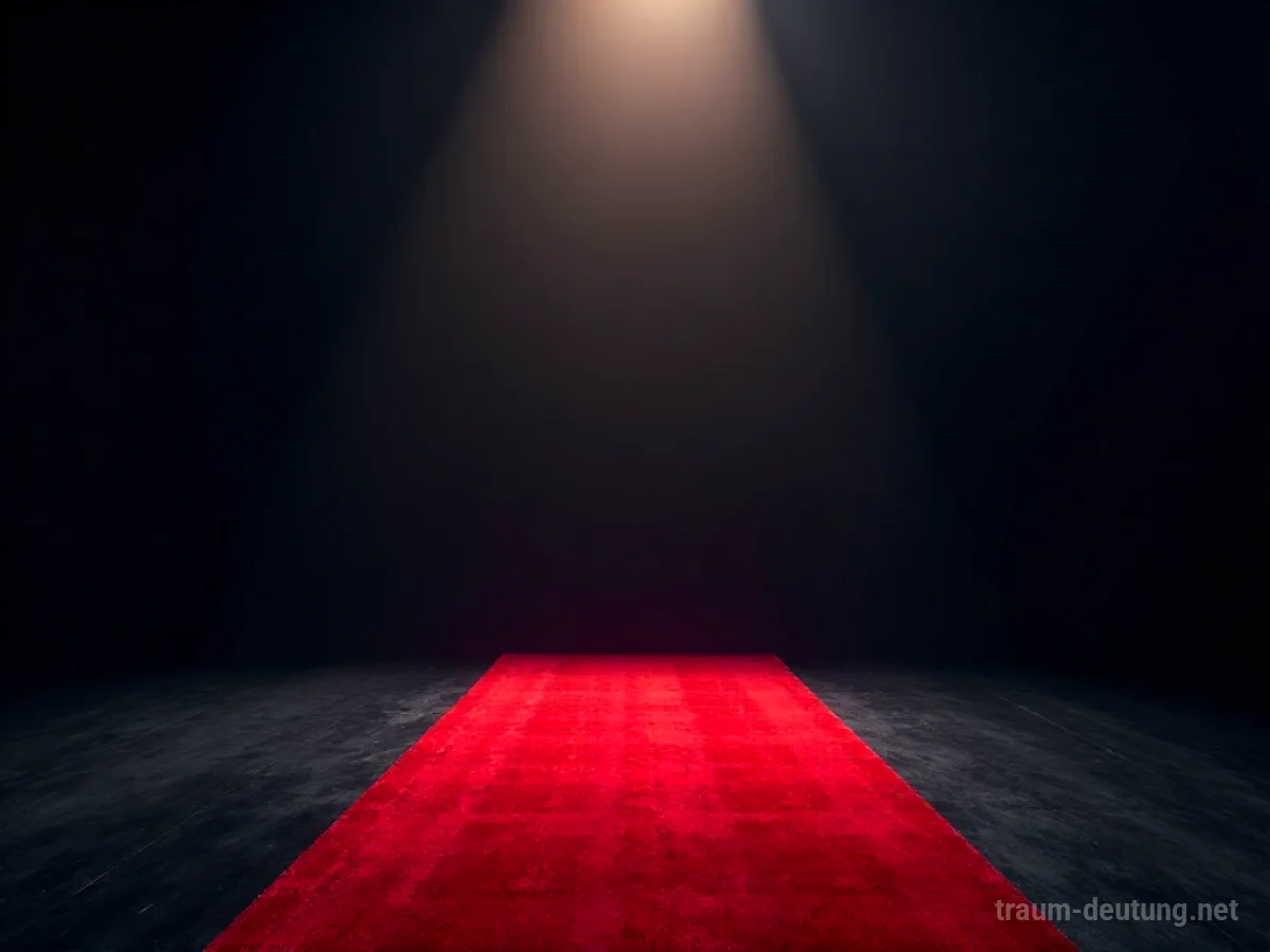 Ein roter Teppich liegt ausgestreckt auf einer Bühne im Scheinwerferlicht.