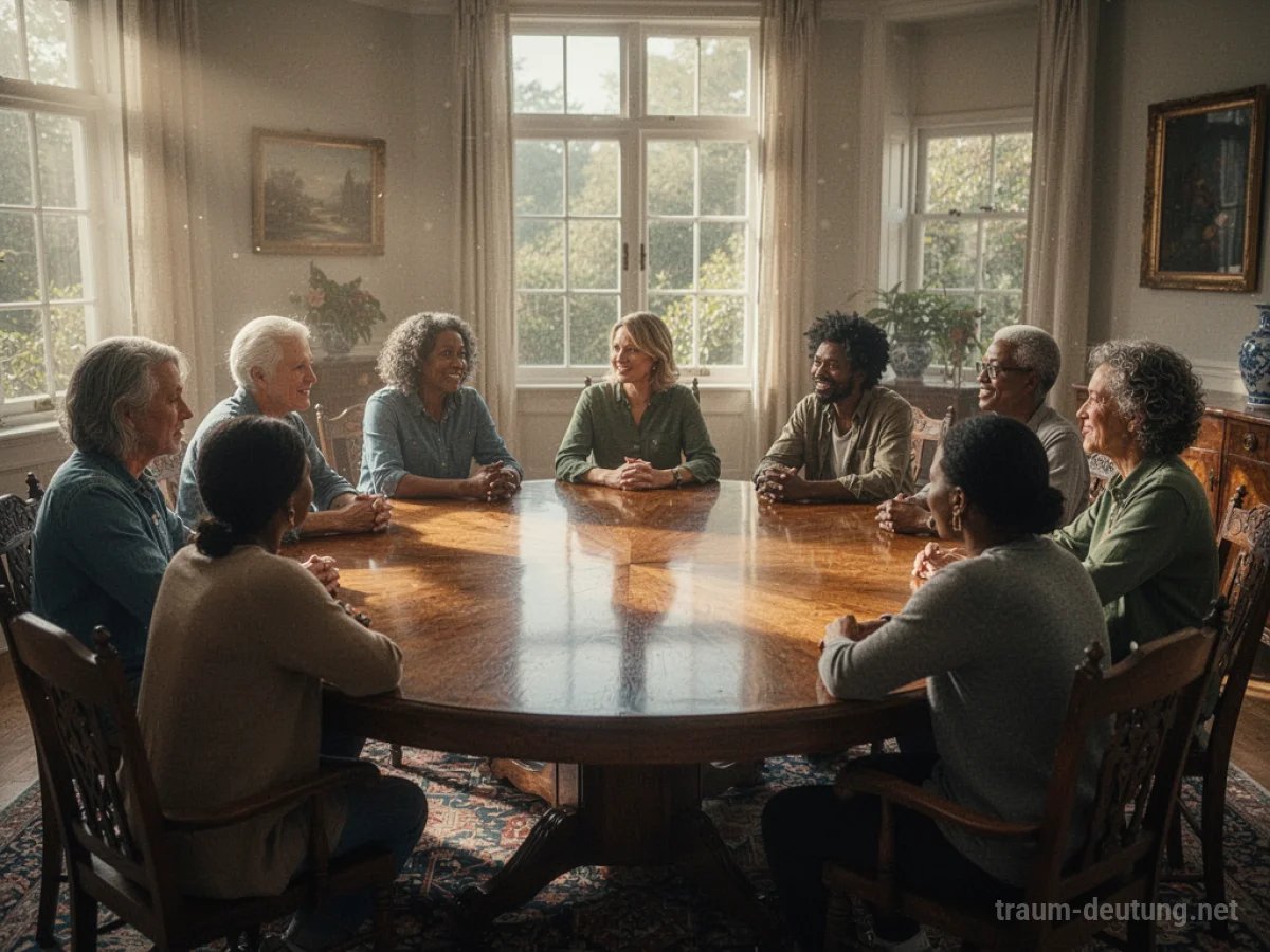 Menschen sitzen an einem großen runden Tisch und unterhalten sich.