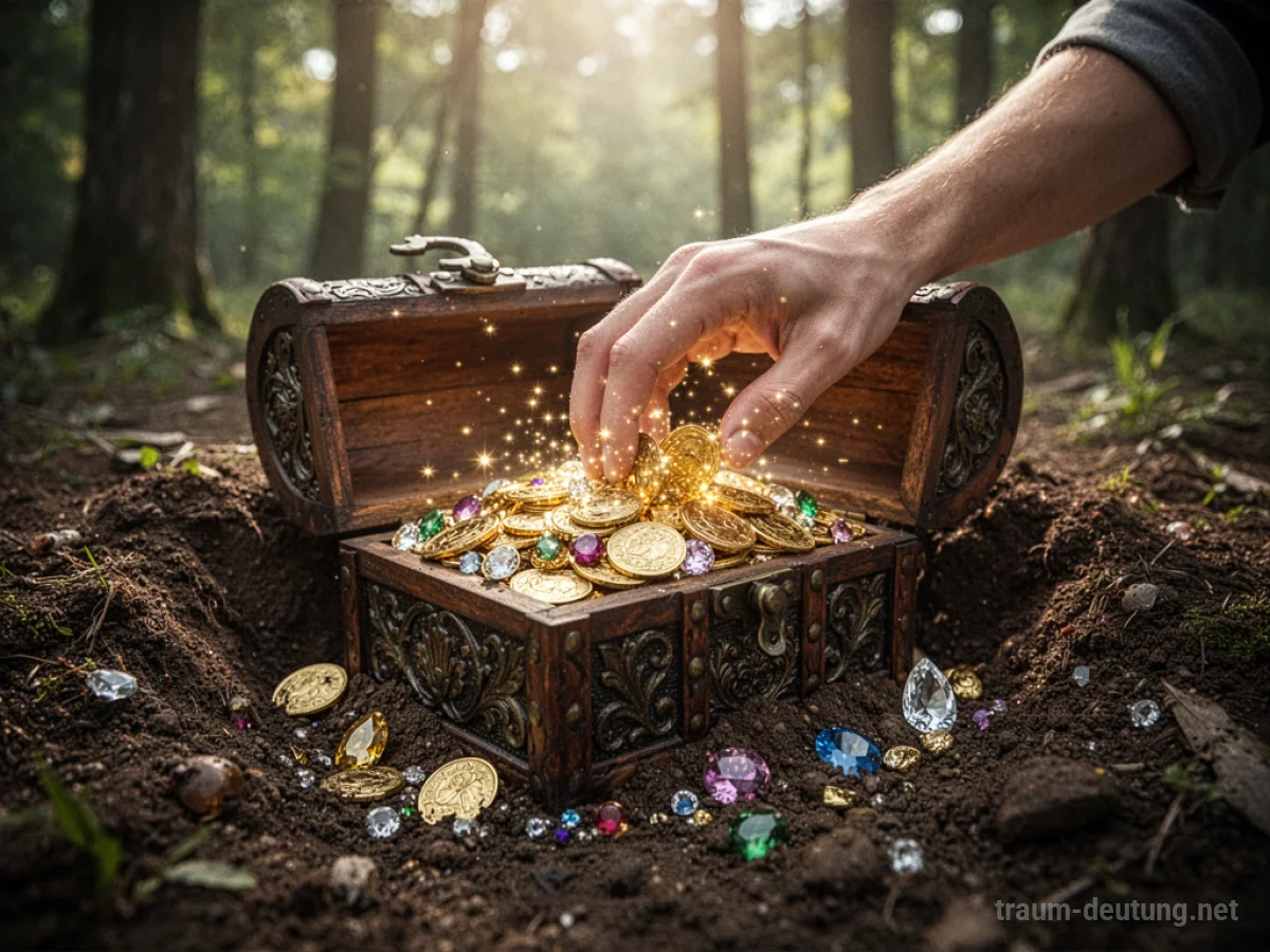 Hand hebt eine Schatztruhe aus der Erde, gefüllt mit Gold und Juwelen.