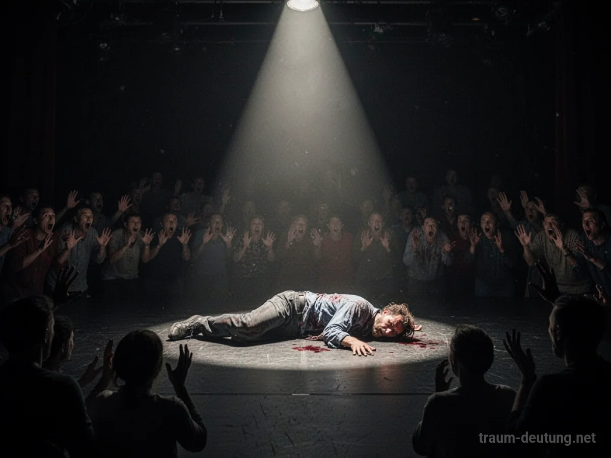 Ein Schauspieler liegt leblos auf einer Theaterbühne im Scheinwerferlicht.
