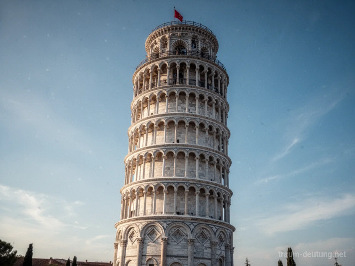 Ein schiefer Turm ragt in den blauen Himmel.
