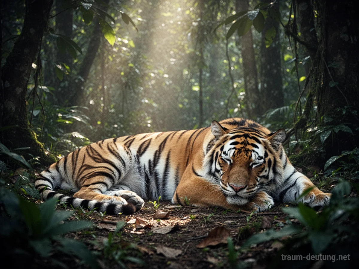 Ein schlafender Tiger ruht friedlich im dichten Dschungel.