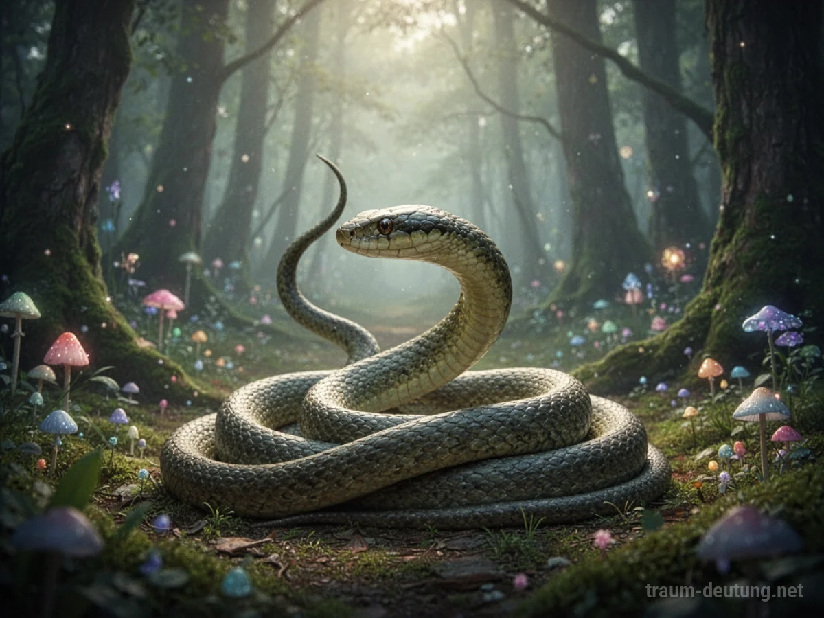 Eine Person trifft eine stilisierte Schlange in einem mystischen Wald.
