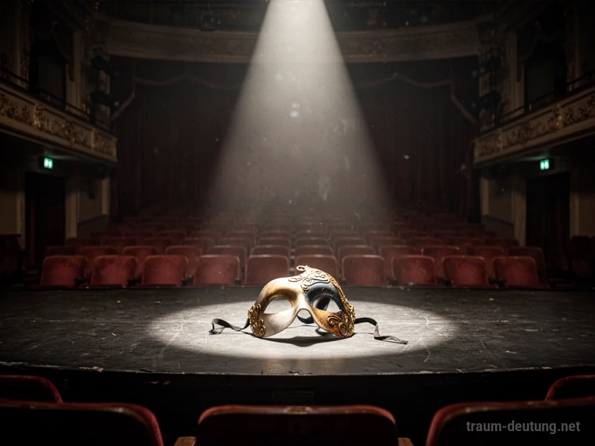 Leere Theaterbühne mit einer heruntergefallenen Maske im Scheinwerferlicht.