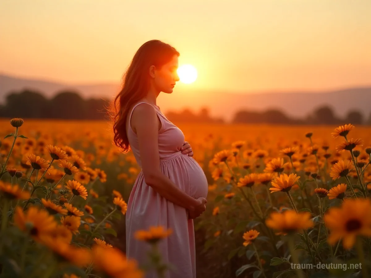 Frau steht in einer Blumenwiese bei Sonnenaufgang, symbolisiert neues Leben und Schwangerschaft.