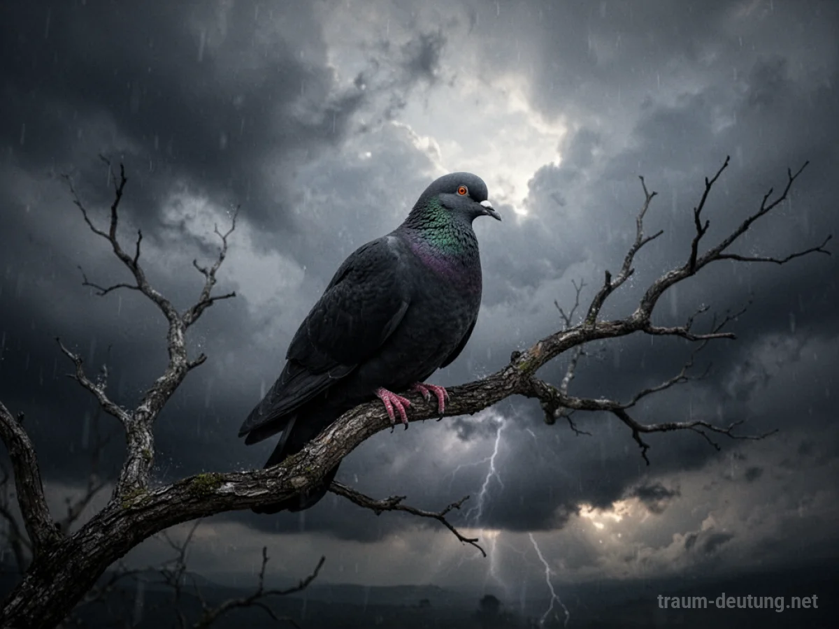 Schwarze Taube auf einem Ast vor dramatischem Himmel