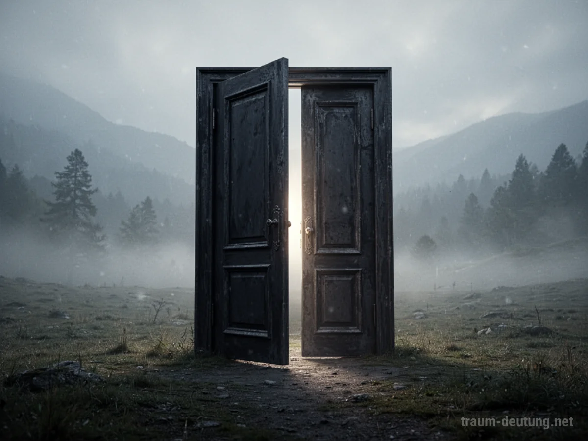 Eine dunkle, imposante Tür in einer nebligen Landschaft, leicht geöffnet.