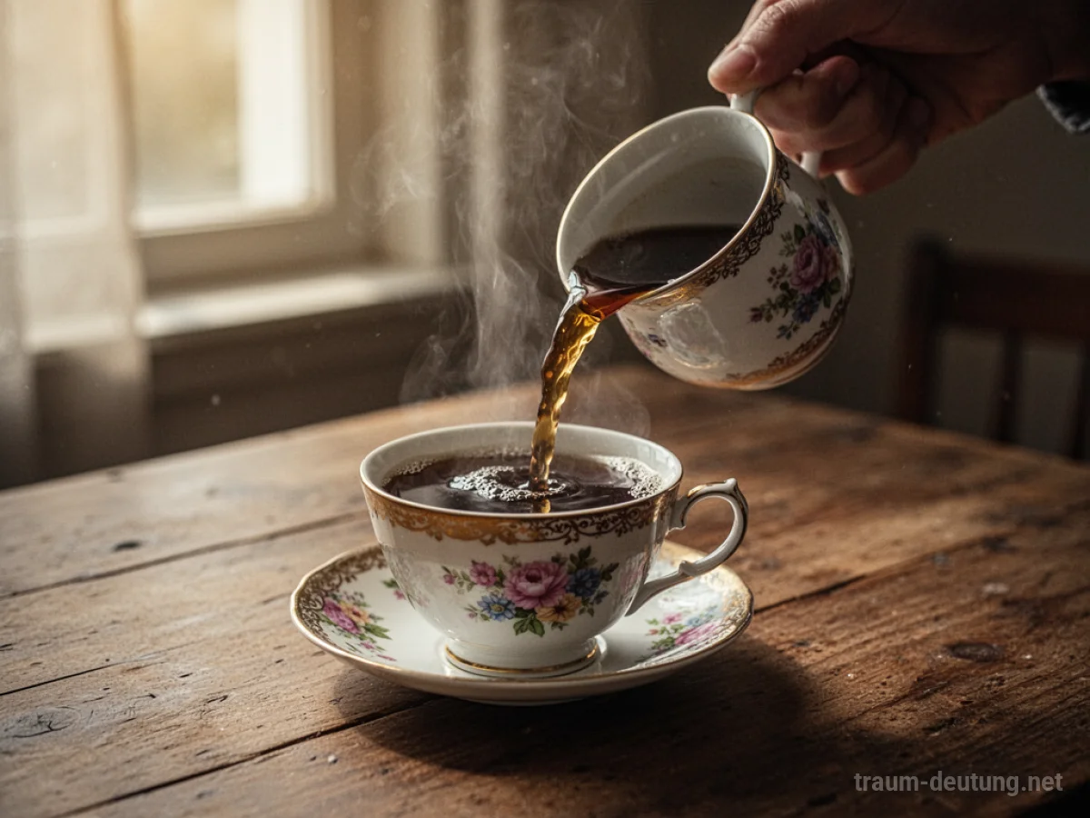 Eine Tasse schwarzen Tees wird in eine Porzellantasse gegossen.