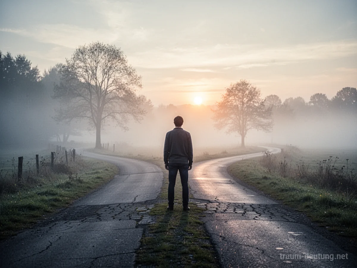 Figur an einer Weggabelung, ein Weg im Nebel, der andere im Licht des Sonnenaufgangs.