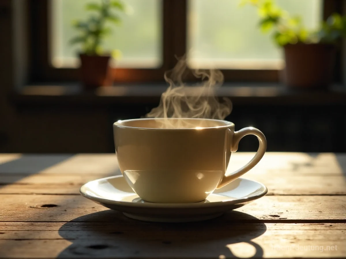 Eine dampfende Tasse Tee auf einem Holztisch im sanften Licht.