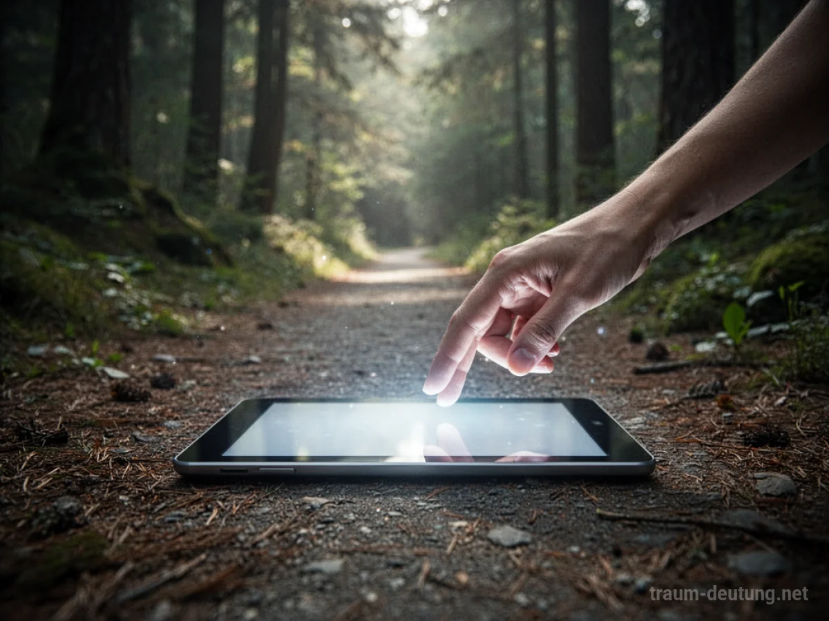 Hand greift nach einem leuchtenden Tablet auf einem Waldweg.