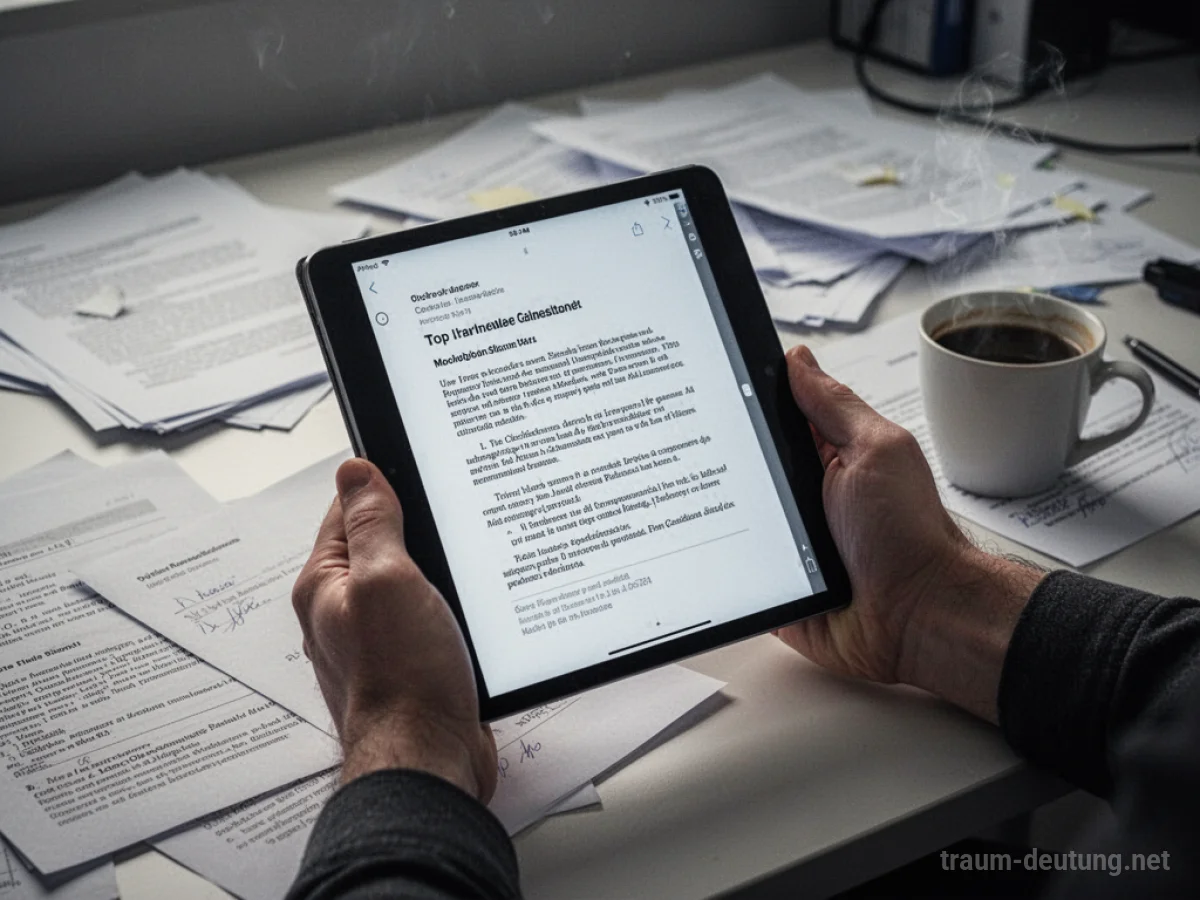 Hand hält ein Tablet mit einem Dokument auf einem Schreibtisch mit Papierkram.
