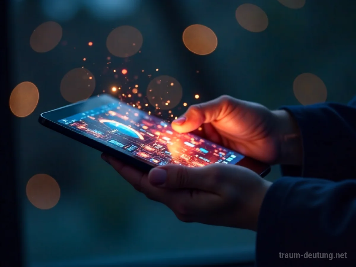 Hand hält ein leuchtendes Tablet mit abstrakten Datenvisualisierungen.